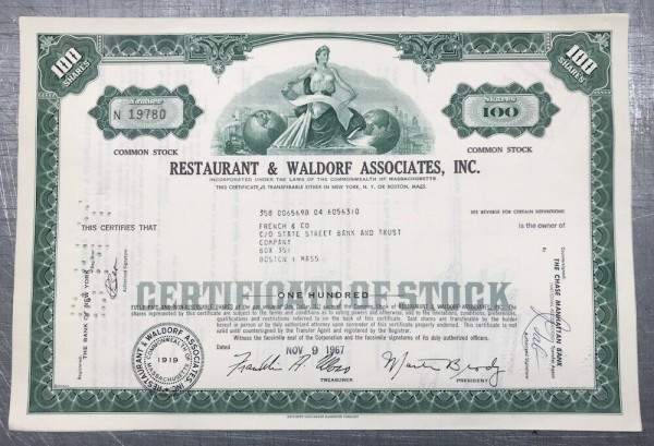 100x Restaurant & Waldorf Associates Inc. (100 Shares) 1960er