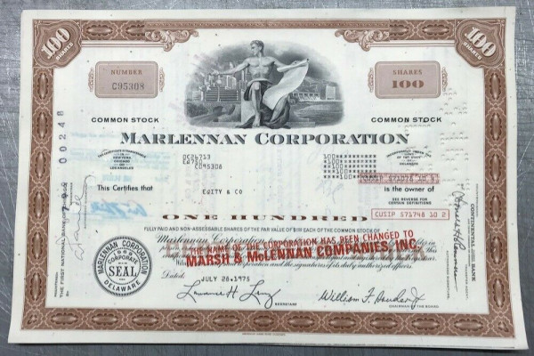 100x Marlennan Corporation (100 Shares) Aufdruck Marsh... 1970er