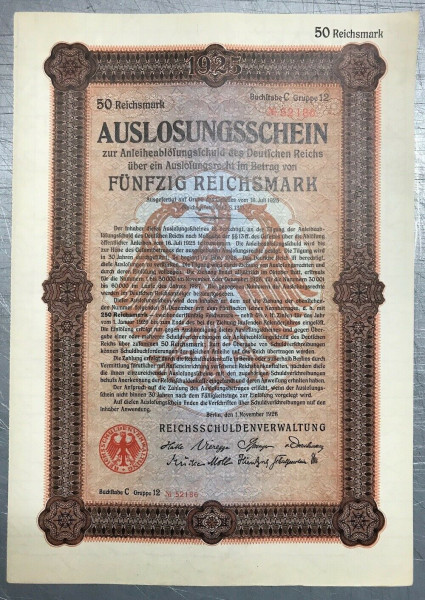 25x Deutsches Reich 1926 - 50 Reichsmark - Auslosungsschein