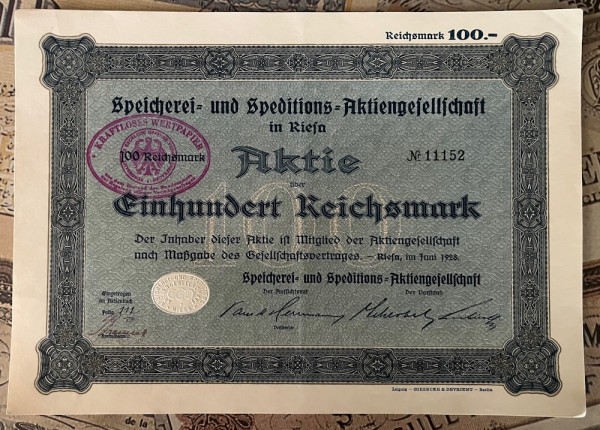 50x Speicherei- und Speditions- AG - 100RM - 1928